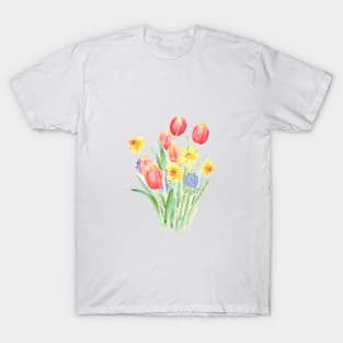 red tulips and yellow daffodils watercolor T-Shirt